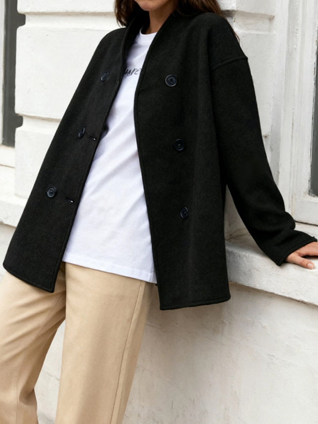 Cropped Wool Pea Coat for Women - Double Breasted Stand Collar Coat