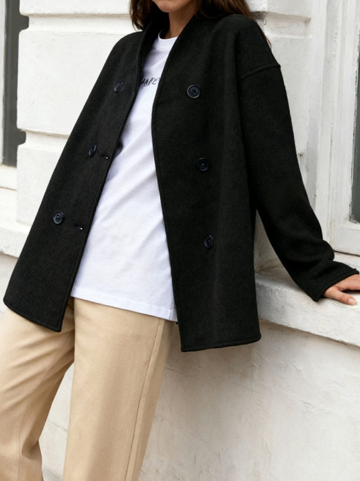 Cropped Wool Pea Coat for Women - Double Breasted Stand Collar Coat