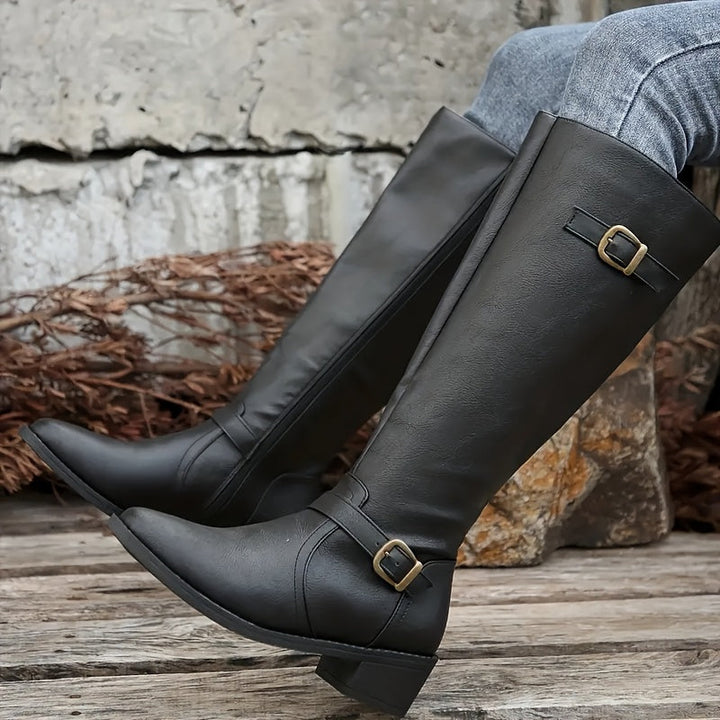 Calixta | Women's Knee High Leather-Look Buckle Boots