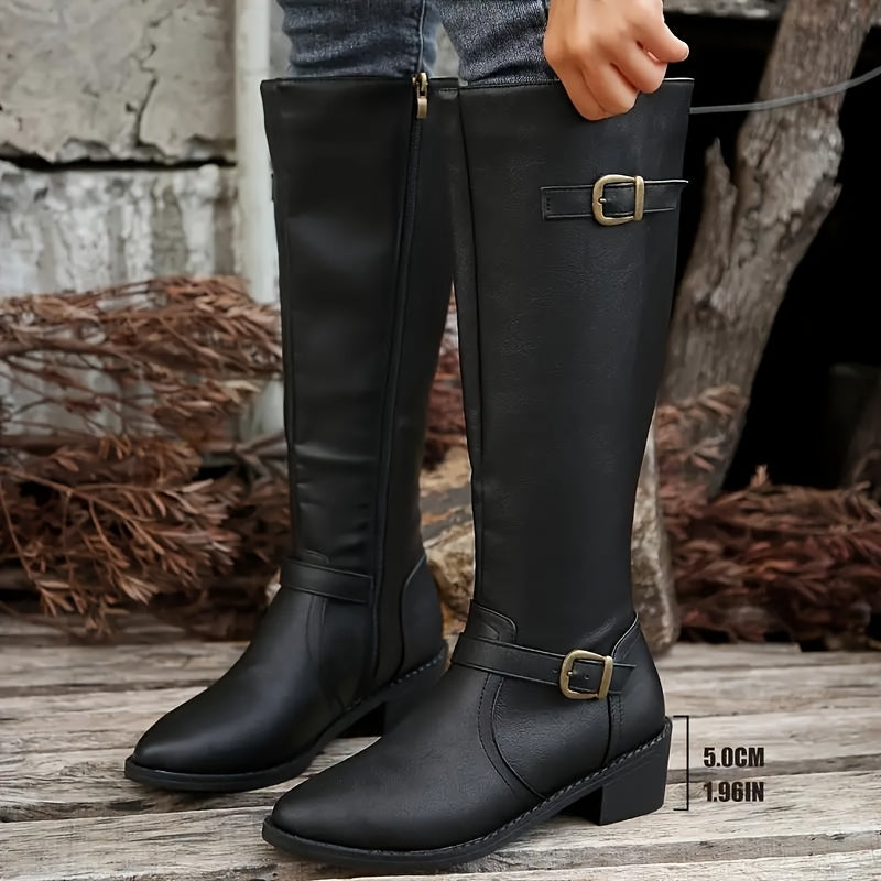 Calixta | Women's Knee High Leather-Look Buckle Boots