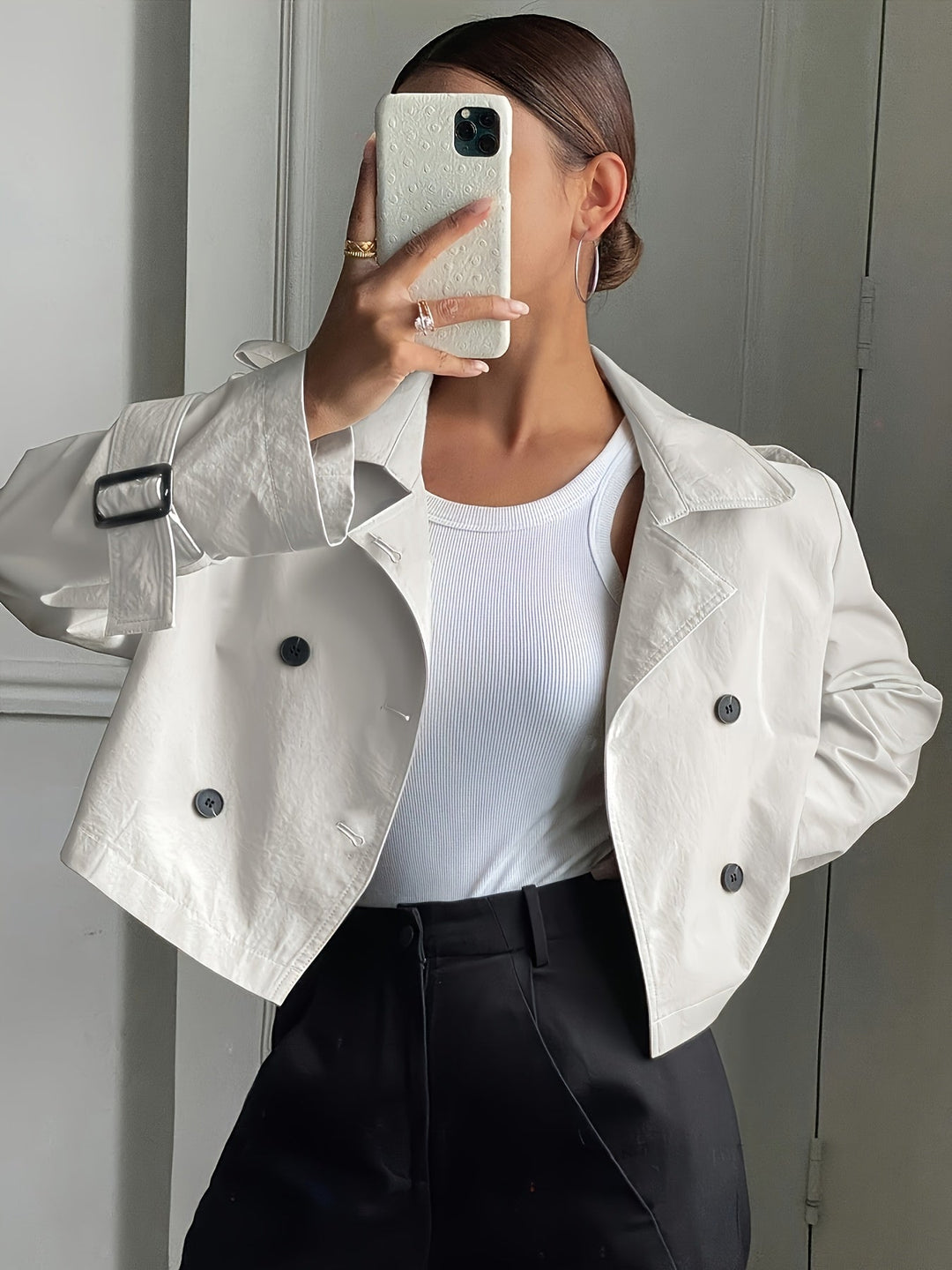 Khaki Cropped Pea Coat for Women - Double Breasted Notch Lapel Coat