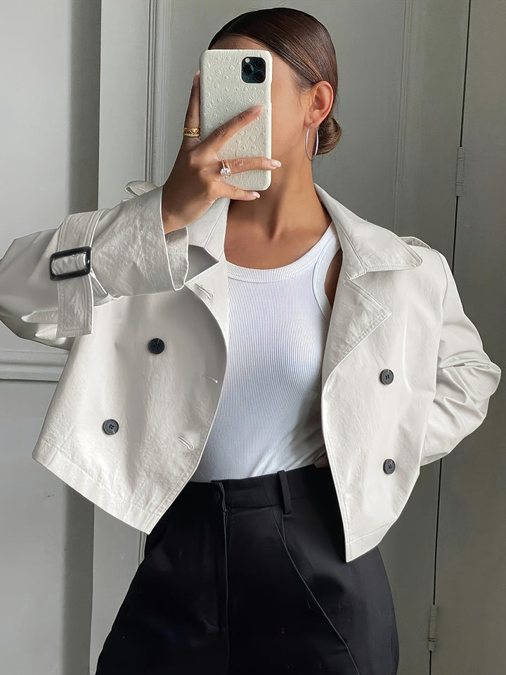 Khaki Cropped Pea Coat for Women - Double Breasted Notch Lapel Coat