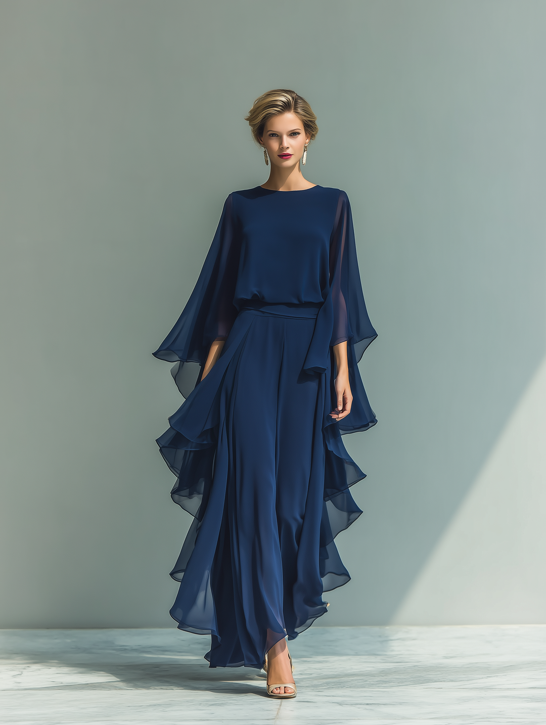 Navy Blue Top Set with Flared Sleeves and Straight Leg Pants with Ruché Details