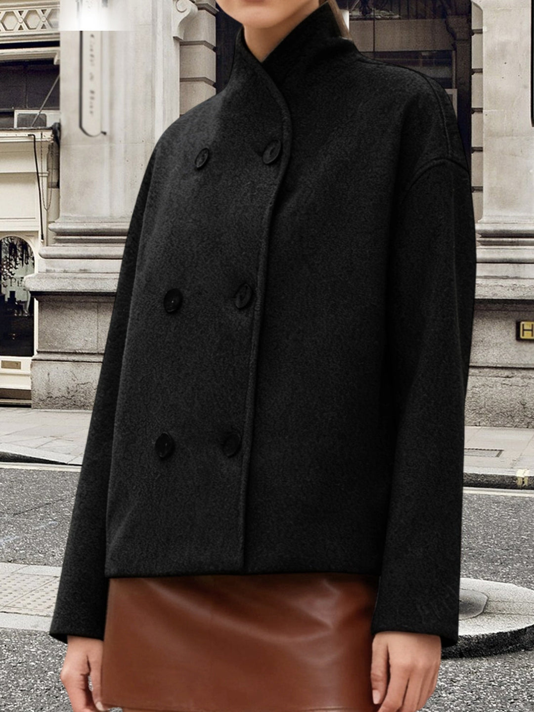 Cropped Wool Pea Coat for Women - Double Breasted Stand Collar Coat
