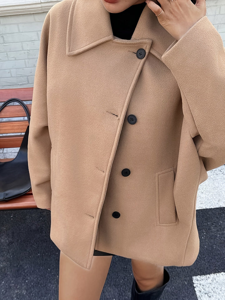 Khaki Wool Pea Coat for Women - Oversized Batwing Sleeve Winter Coat