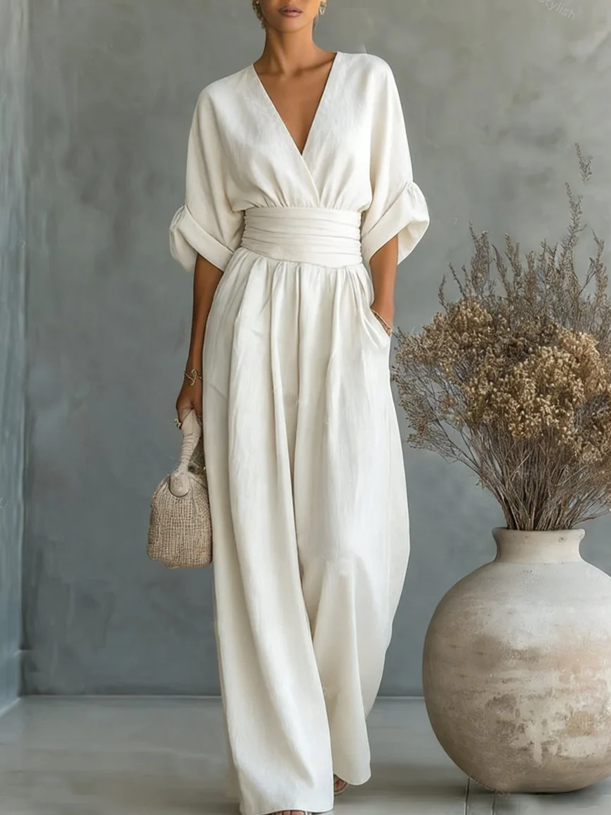 V Neck Long Sleeve Jumpsuit for Women Side Pockets