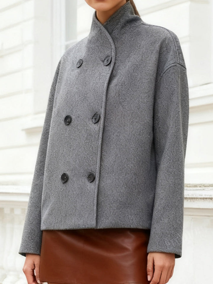 Cropped Wool Pea Coat for Women - Double Breasted Stand Collar Coat