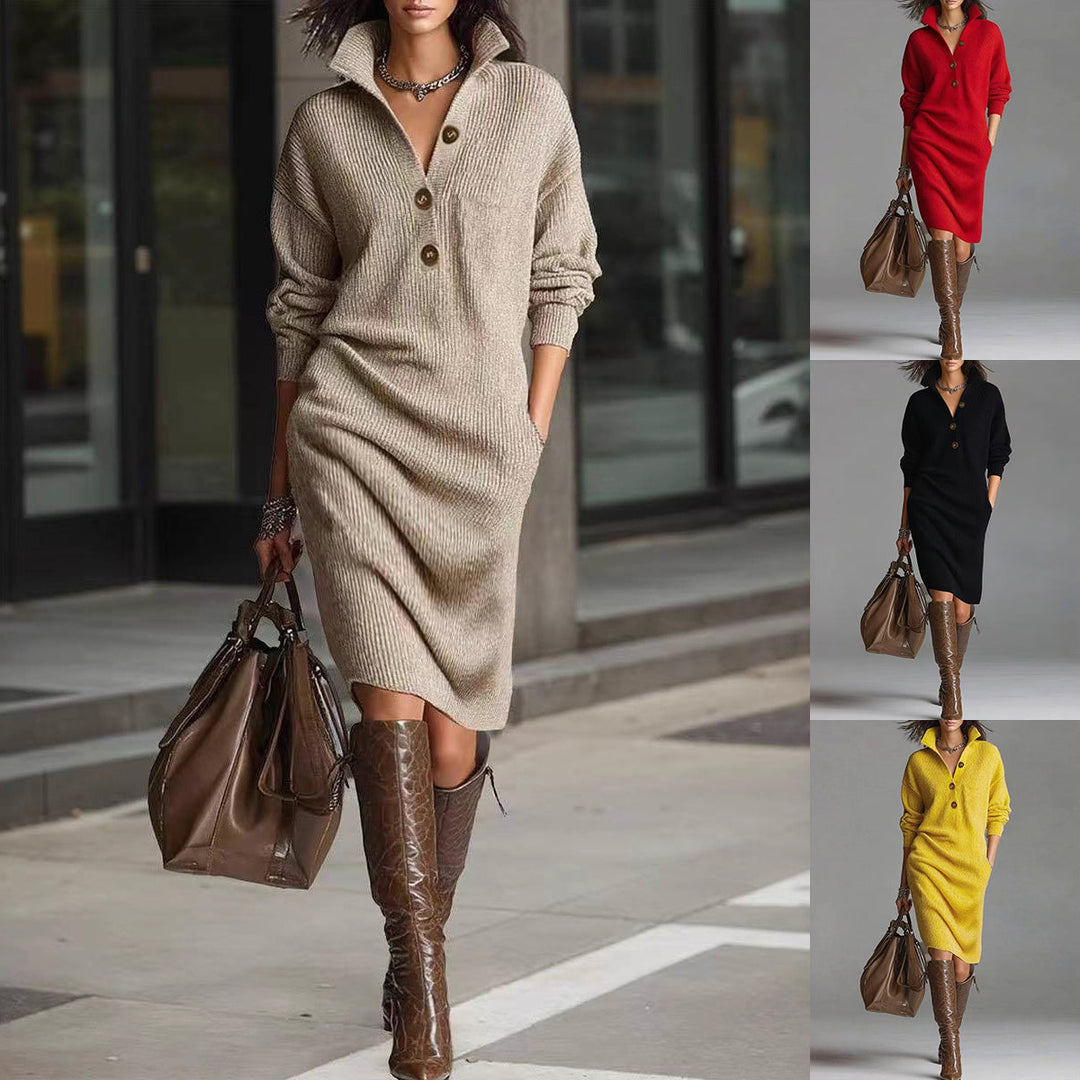 Button V-Neck Standing Collar Sweater Dress for Women - collar detail