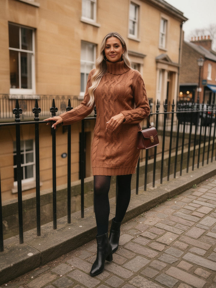 Chunky Cable Knit Roll Neck Jumper Dress for Women - Caramel Brown