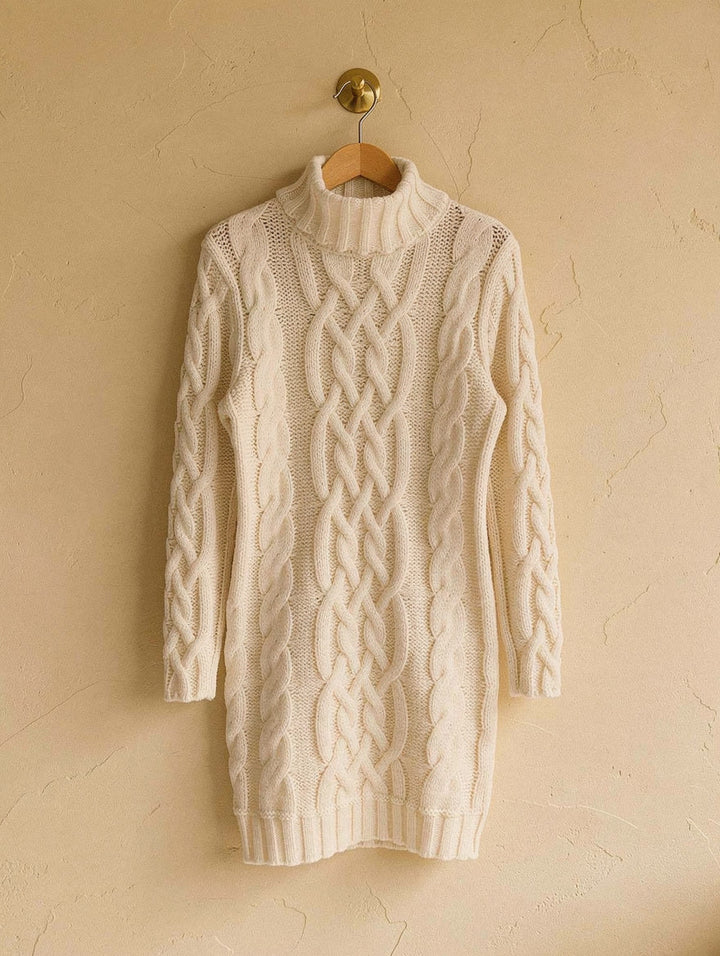 Chunky Cable Knit Roll Neck Jumper Dress for Women - Cream