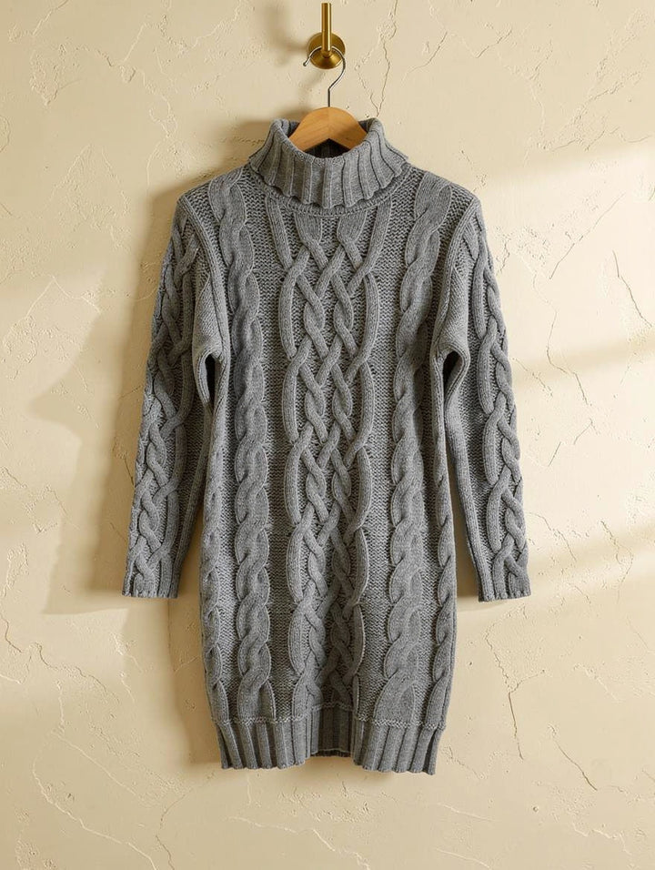 Chunky Cable Knit Roll Neck Jumper Dress for Women - Dove Grey