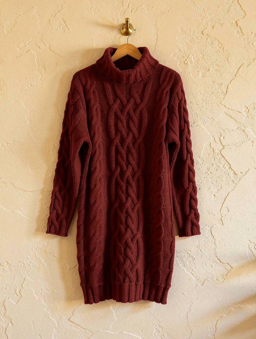 Chunky Cable Knit Roll Neck Jumper Dress for Women - Wine Red