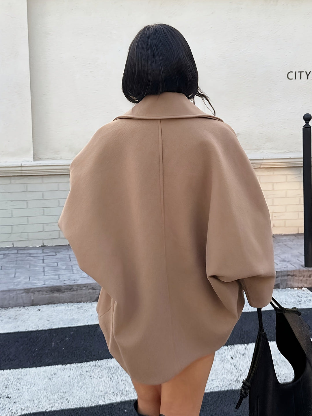 Khaki Wool Pea Coat for Women - Oversized Batwing Sleeve Winter Coat