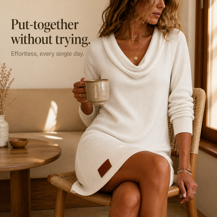 Cowl neck ribbed knit sweater dress for women