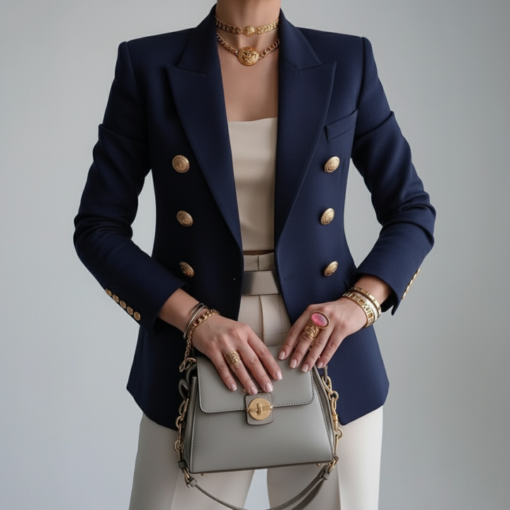 Double-breasted gold button blazer for women - view 2