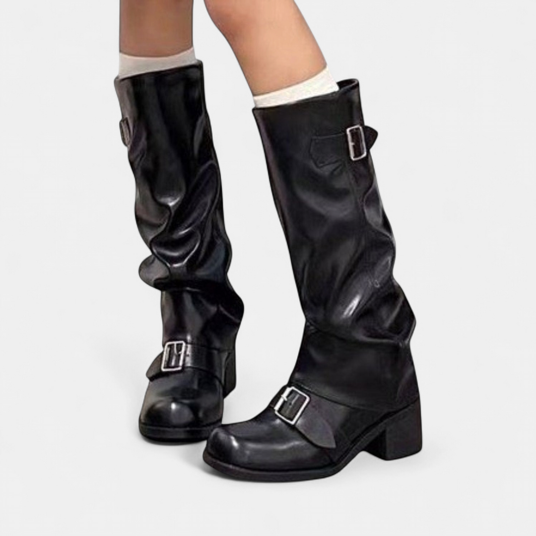 Women's knee-high slouch boots with block heel and buckles - view 1