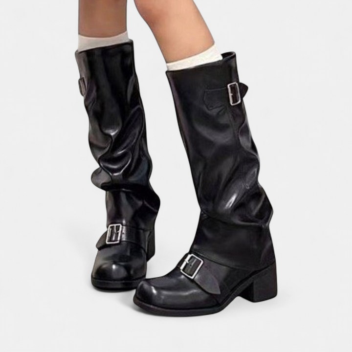 Women's knee-high slouch boots with block heel and buckles - view 1