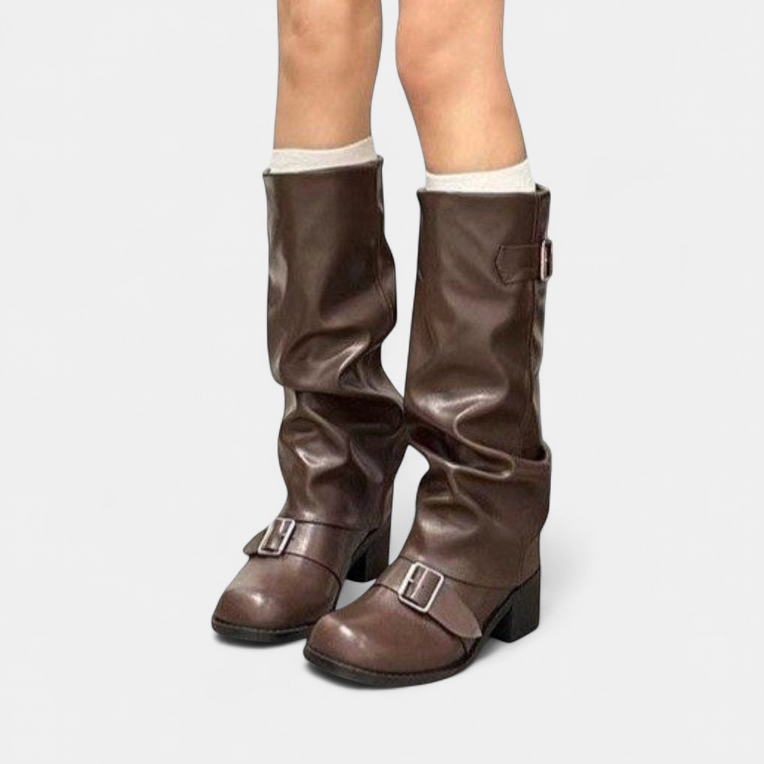 Women's knee-high slouch boots with block heel and buckles - view 2