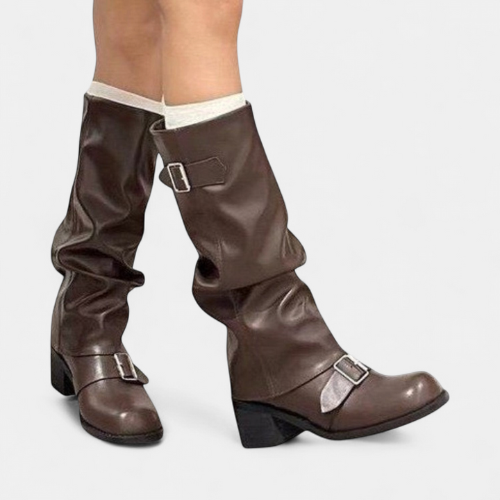 Women's knee-high slouch boots with block heel and buckles - view 3