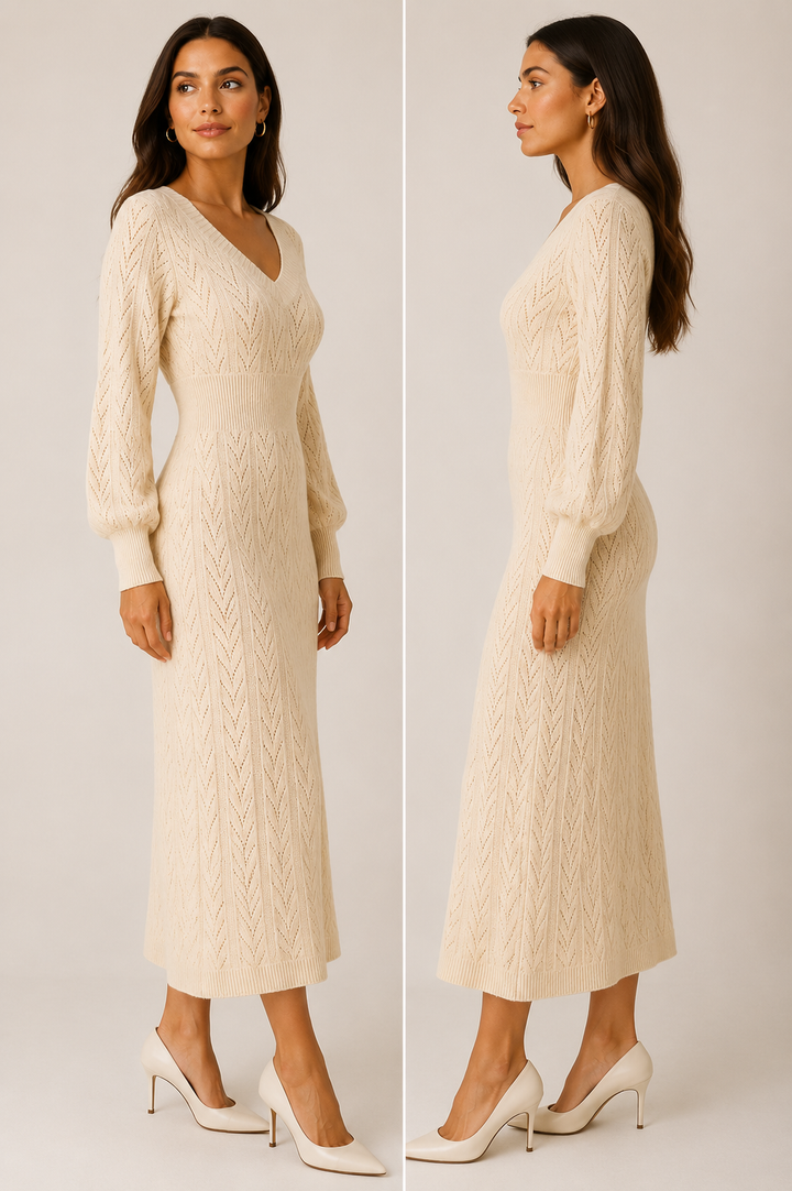 V-neck knit sweater dress in cream for women