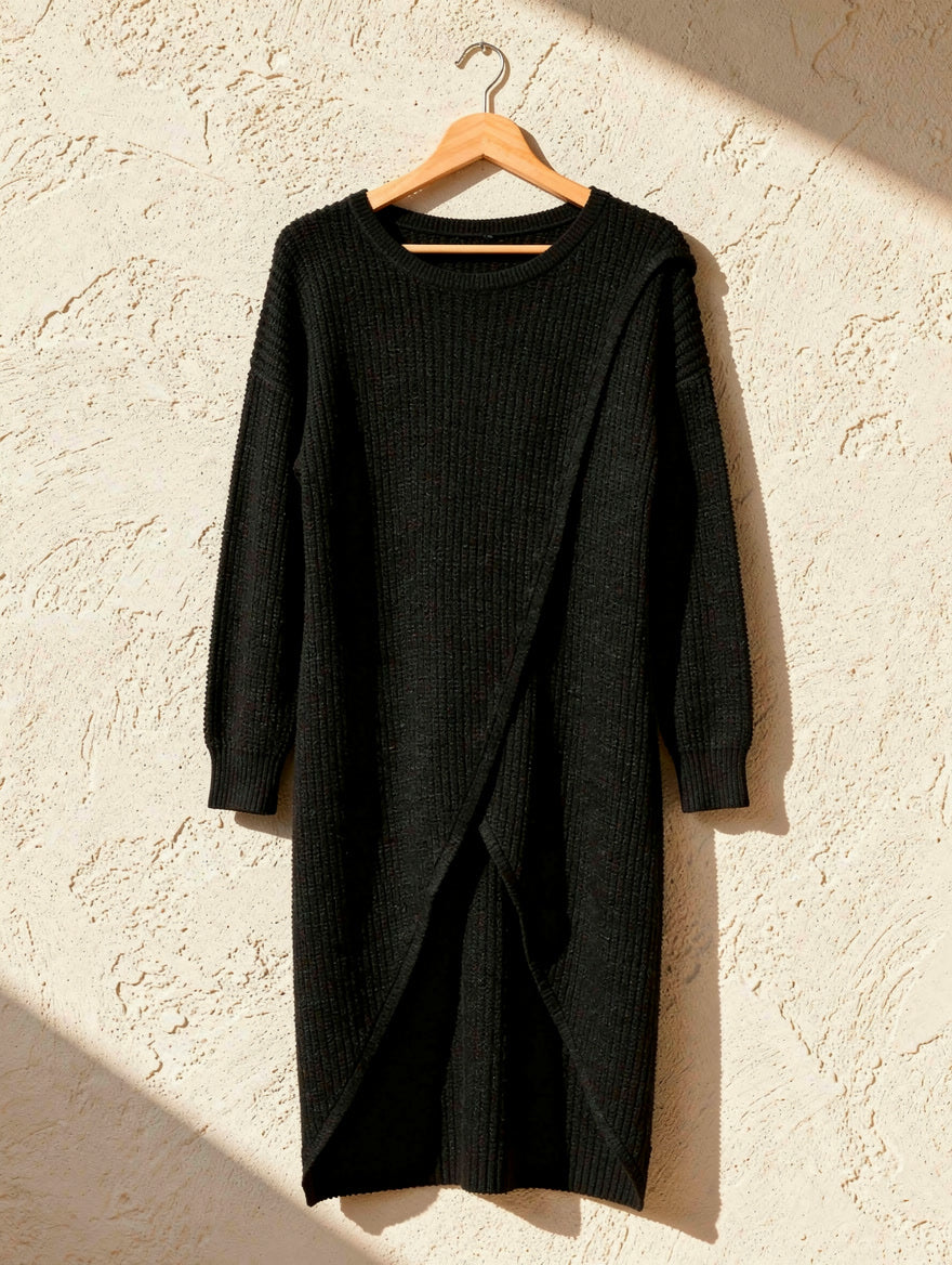 Crossover Hem Rib Knit Jumper Dress for Women - Black