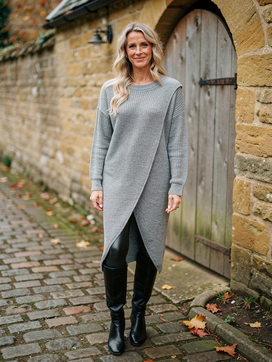 Crossover Hem Rib Knit Jumper Dress for Women - Grey Marl