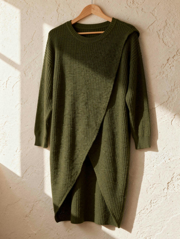 Crossover Hem Rib Knit Jumper Dress for Women - Olive Green