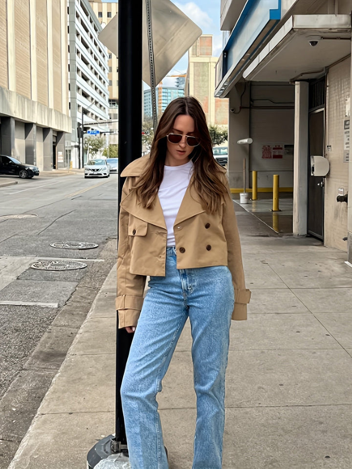 Coffee Brown Cropped Pea Coat for Women - Double Breasted Short Coat