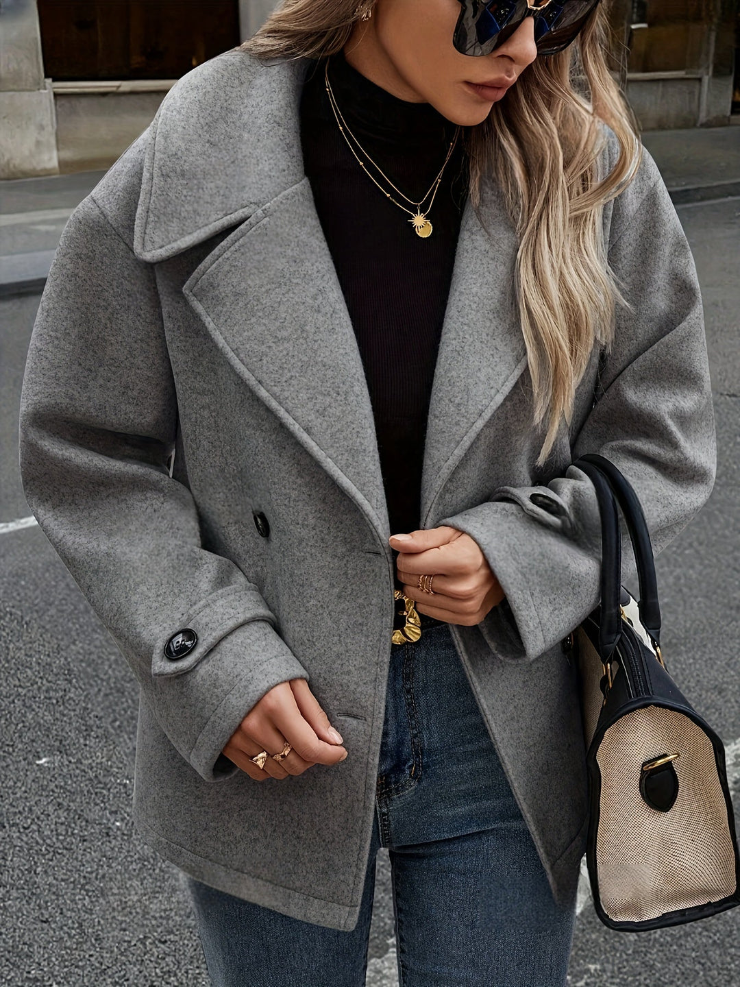 Dark Grey Wool Pea Coat for Women - Double Breasted Oversized Coat