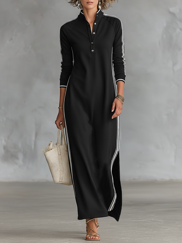 Maxi Dress for Women with Button-Down Collar and White Trim