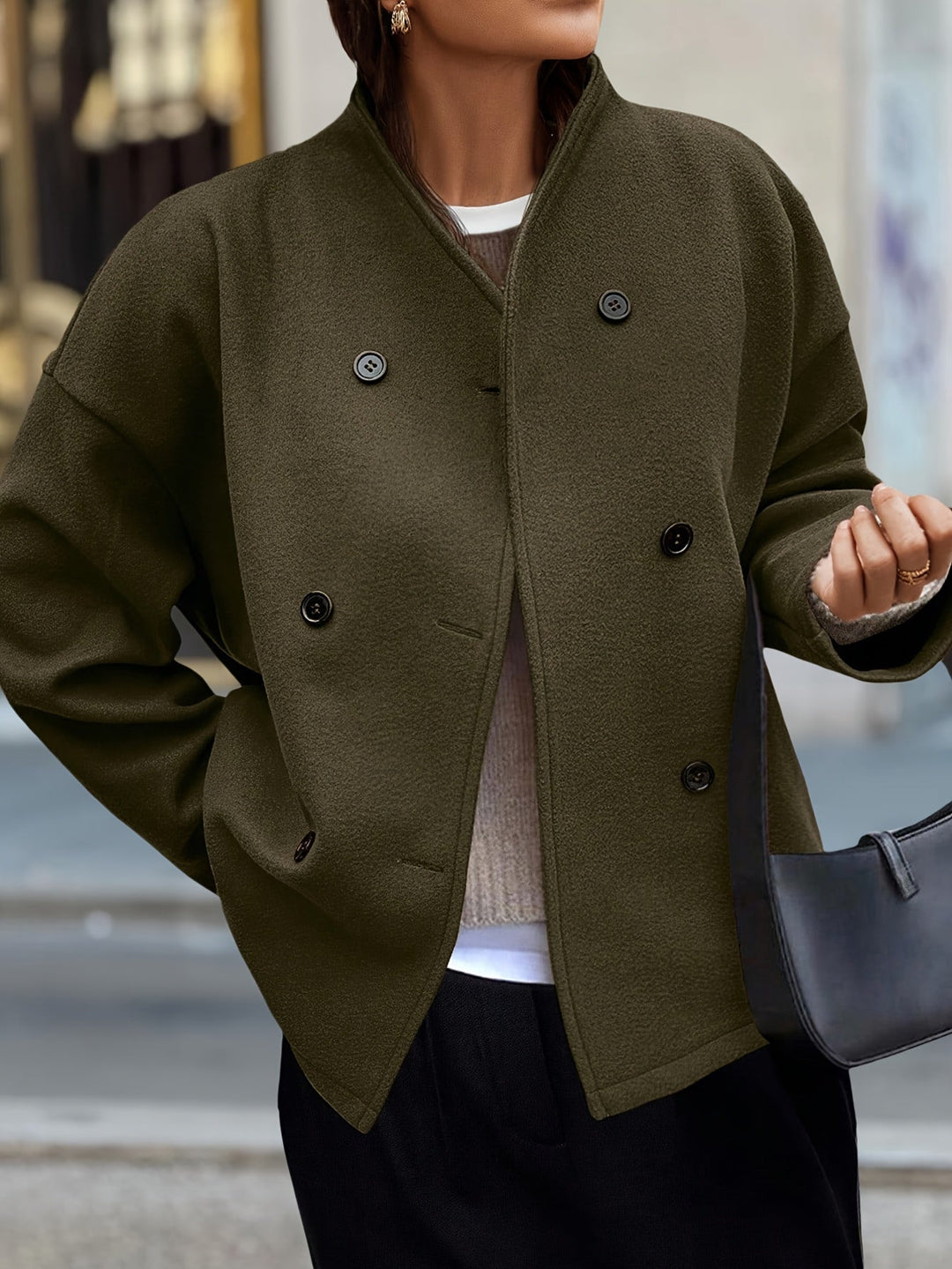 Dark Green Fleece Pea Coat for Women - Double Breasted Relaxed Coat