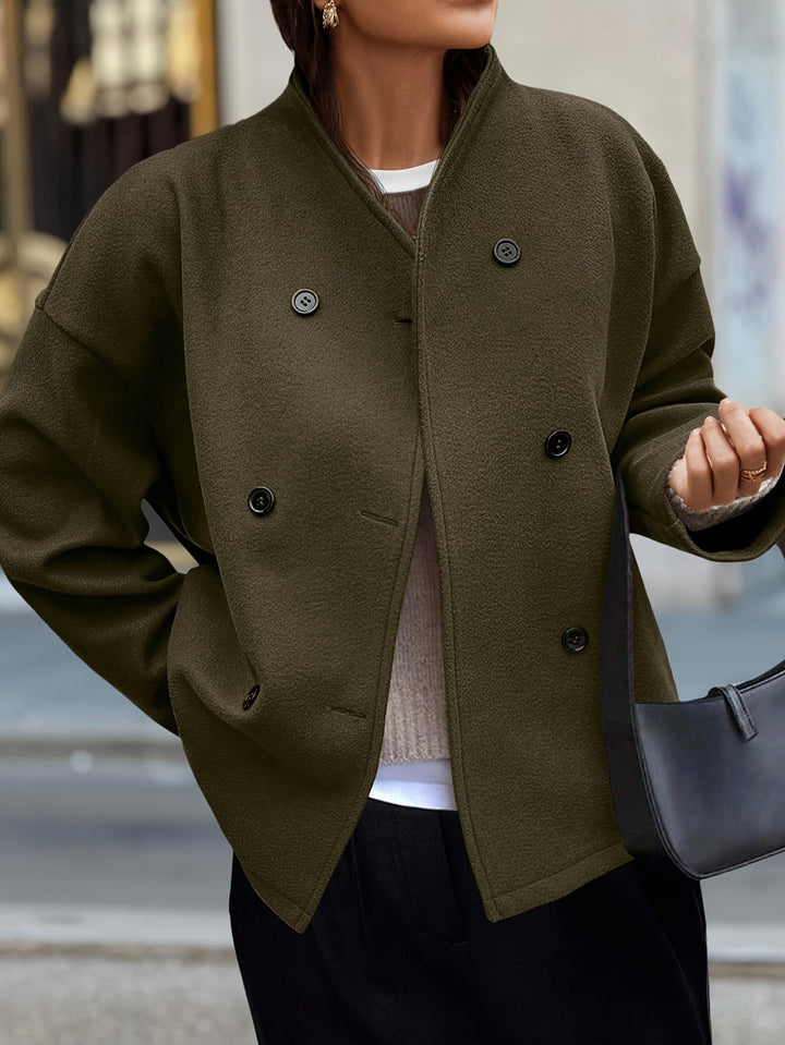 Dark Green Fleece Pea Coat for Women - Double Breasted Relaxed Coat