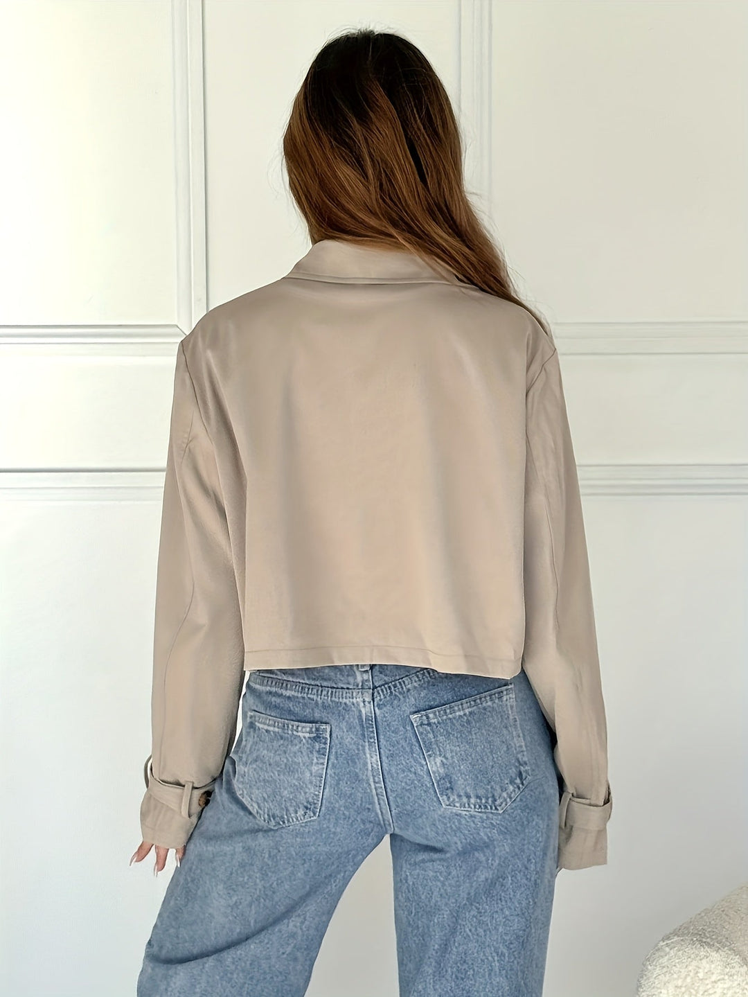 Khaki Faux Leather Pea Coat for Women - Cropped Double Breasted Coat