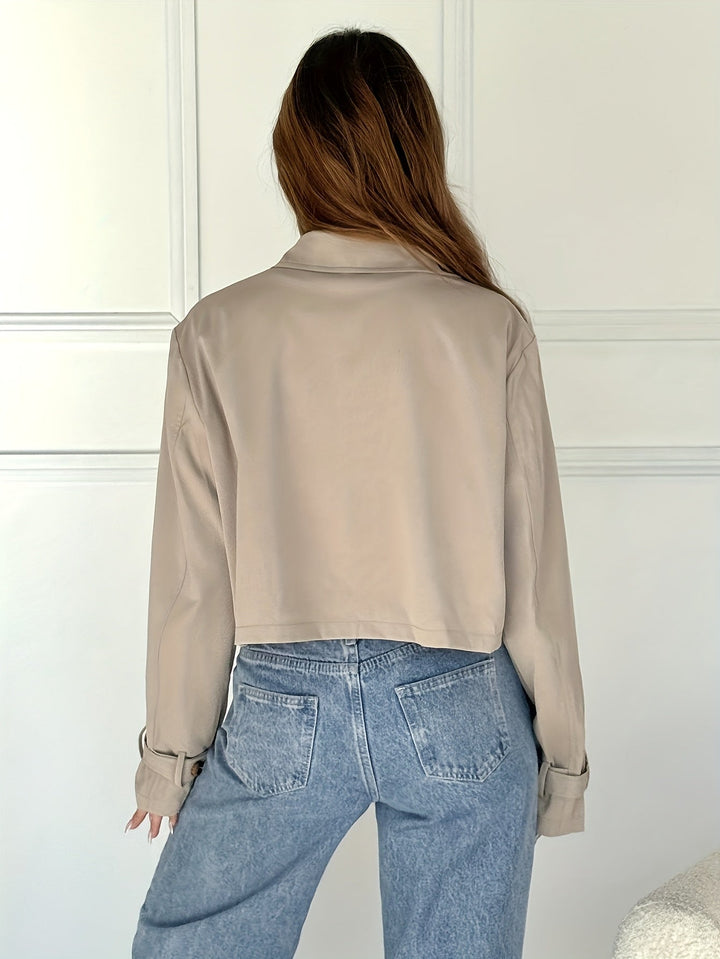 Khaki Faux Leather Pea Coat for Women - Cropped Double Breasted Coat