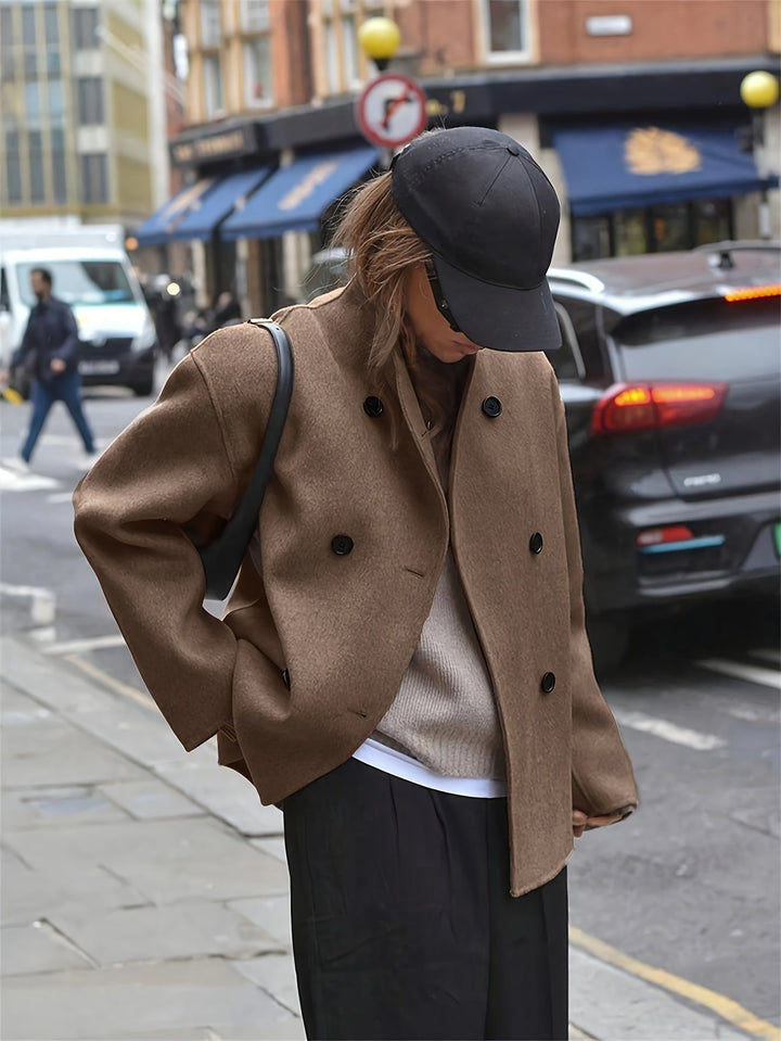 Camel Wool Pea Coat for Women - Oversized Double Breasted Winter Coat