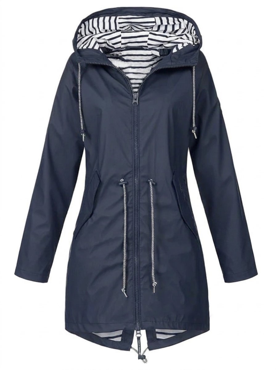 Striped Rain Jacket for Women - Hooded Lightweight Nylon Raincoat
