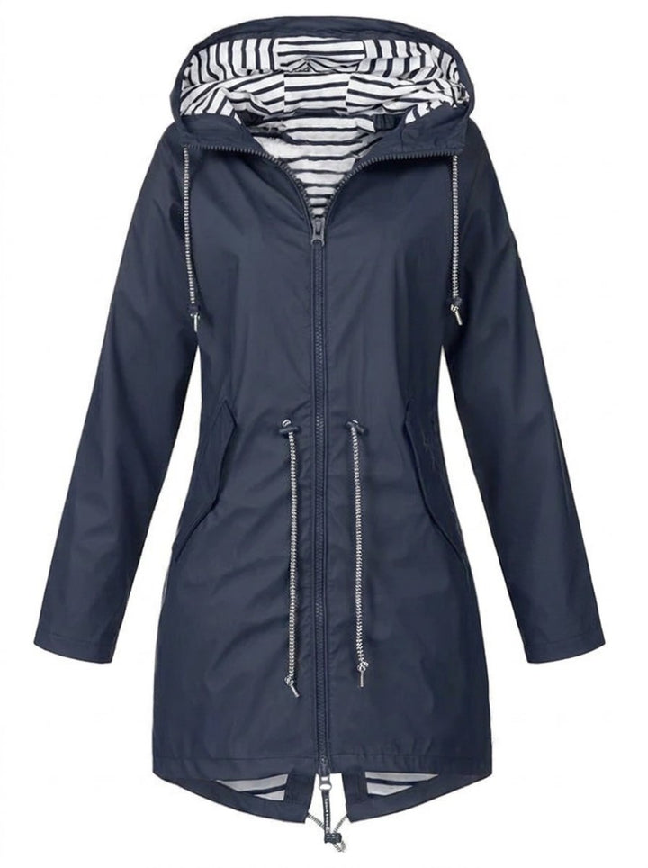 Striped Rain Jacket for Women - Hooded Lightweight Nylon Raincoat