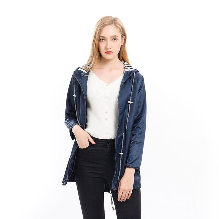 Striped Rain Jacket for Women - Hooded Lightweight Nylon Raincoat
