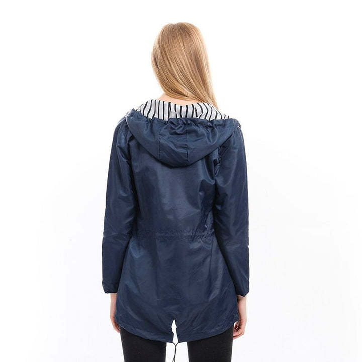 Striped Rain Jacket for Women - Hooded Lightweight Nylon Raincoat
