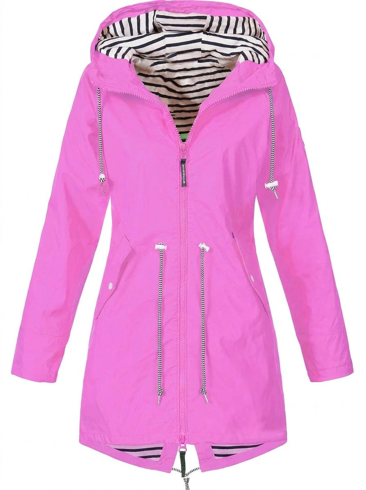 Striped Rain Jacket for Women - Hooded Lightweight Nylon Raincoat