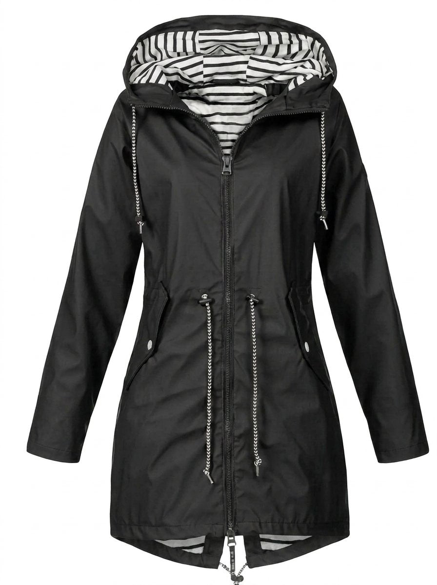 Striped Rain Jacket for Women - Hooded Lightweight Nylon Raincoat