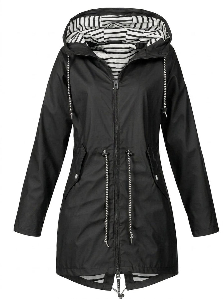 Striped Rain Jacket for Women - Hooded Lightweight Nylon Raincoat