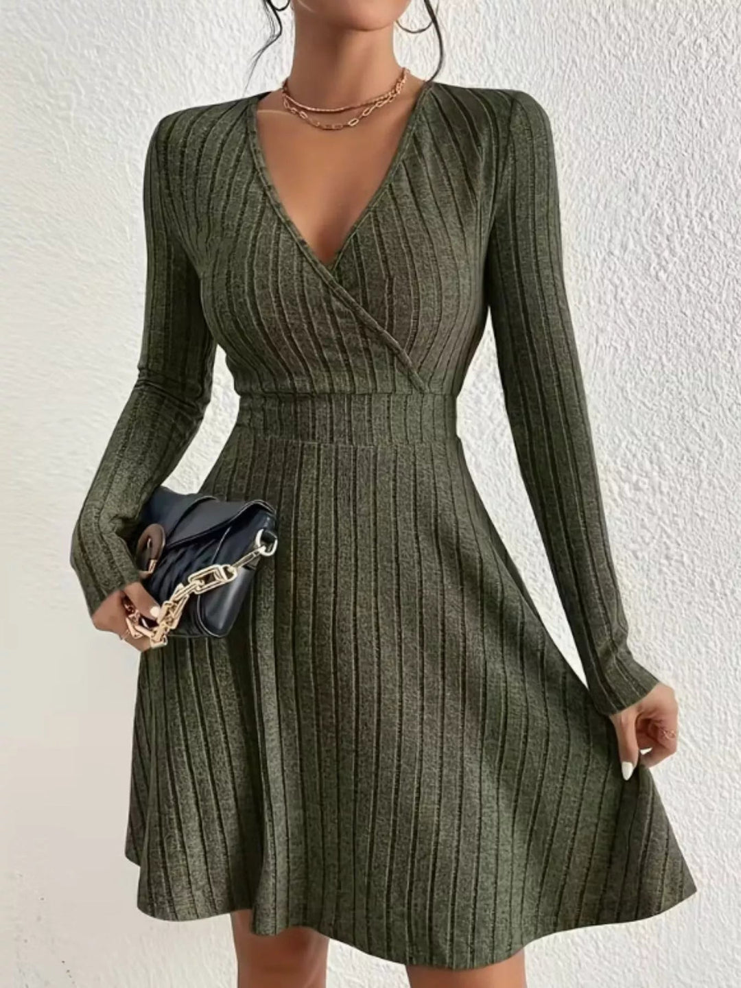 Ribbed Wrap Knit Mini Dress for Women - back view