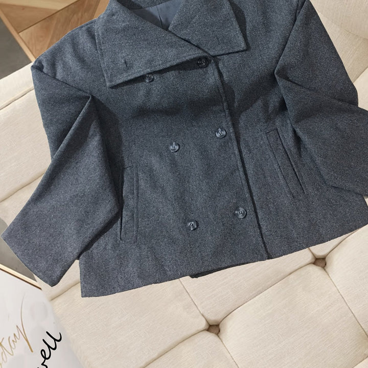 Short Wool Pea Coat for Women - Notch Lapel Double Breasted Jacket