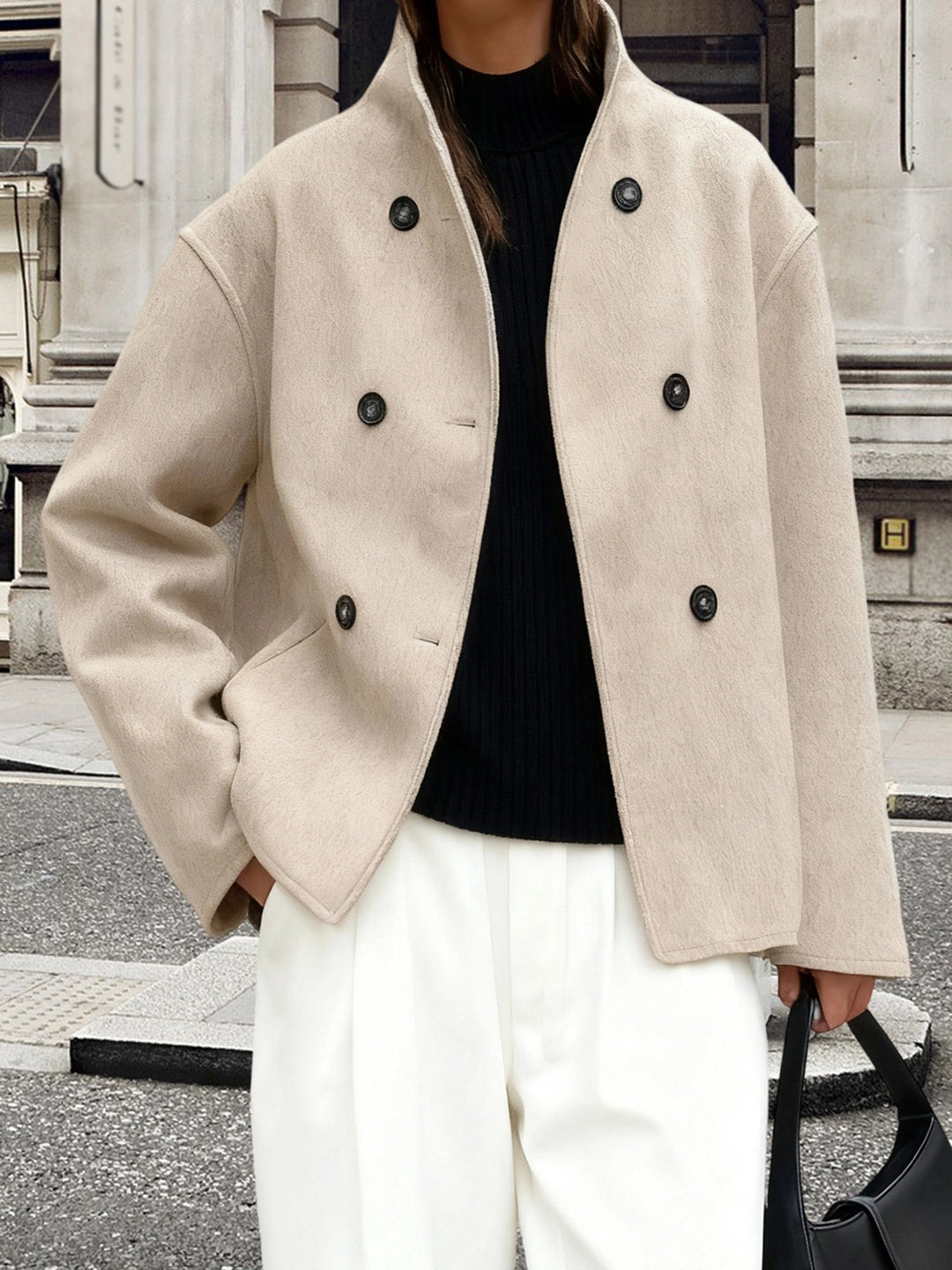 Cropped Wool Pea Coat for Women - Double Breasted Stand Collar Coat