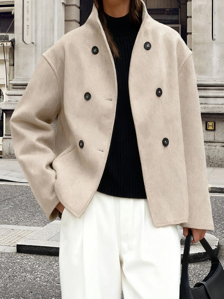 Cropped Wool Pea Coat for Women - Double Breasted Stand Collar Coat