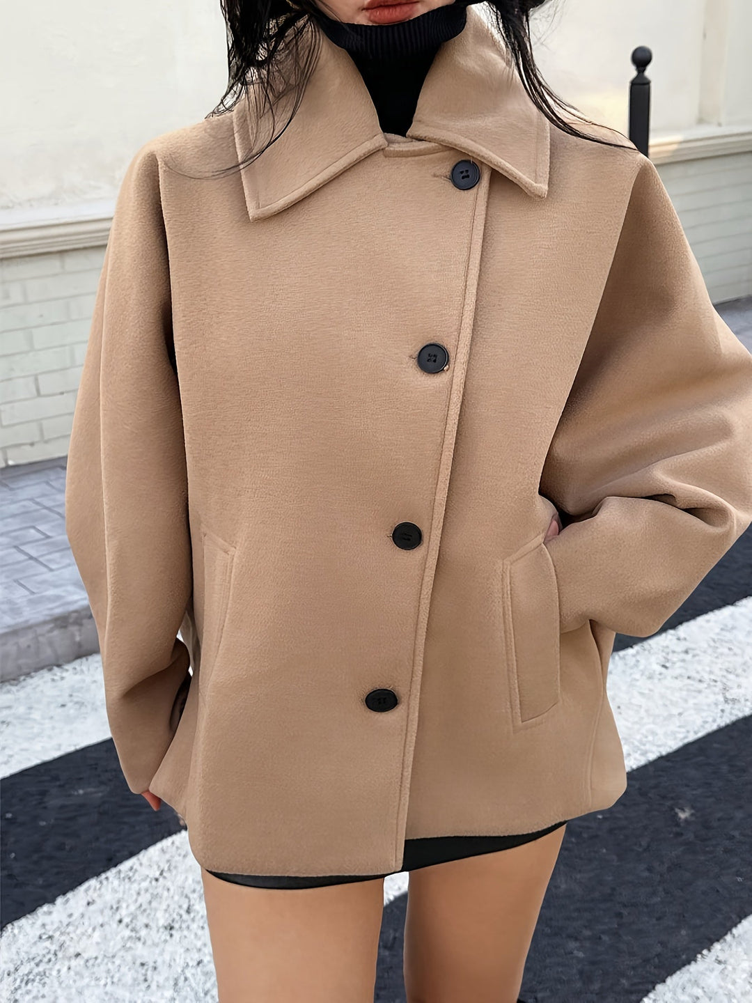 Khaki Wool Pea Coat for Women - Oversized Batwing Sleeve Winter Coat