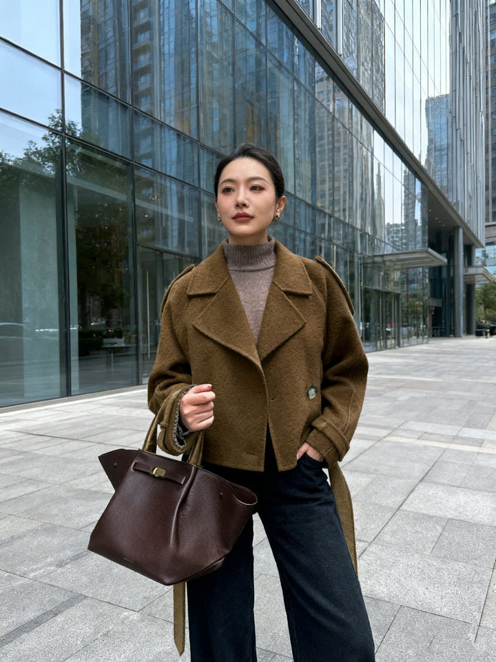Coffee Brown Belted Pea Coat for Women - Oversized Wool Blend Coat