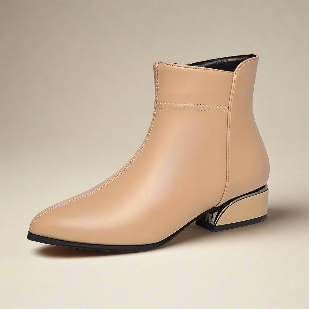 Ankle Boots for Women Genuine Leather Pointed Toe Low Heel - Beige