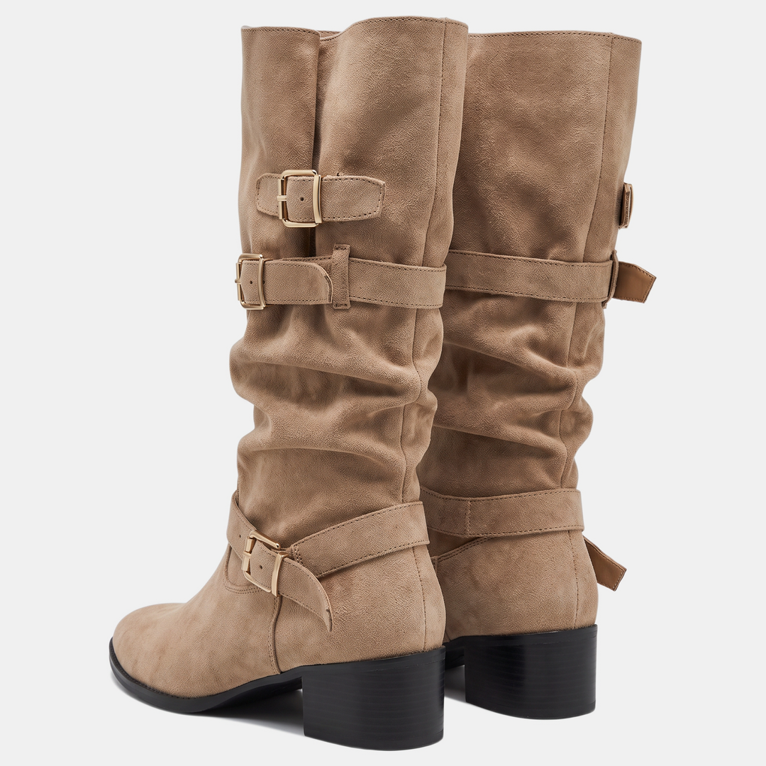 Women's triple buckle knee-high slouch boots in khaki - view 2